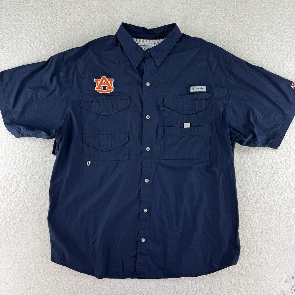 Columbia PFG Auburn Tigers Vented Outdoors Shirt Mens Large Navy Blue